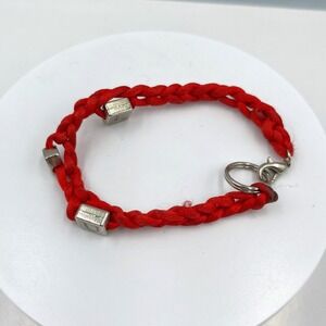 Vintage Red Braided Cord Bracelet with Silver Tone Cube Letter Bead Toggle Clasp